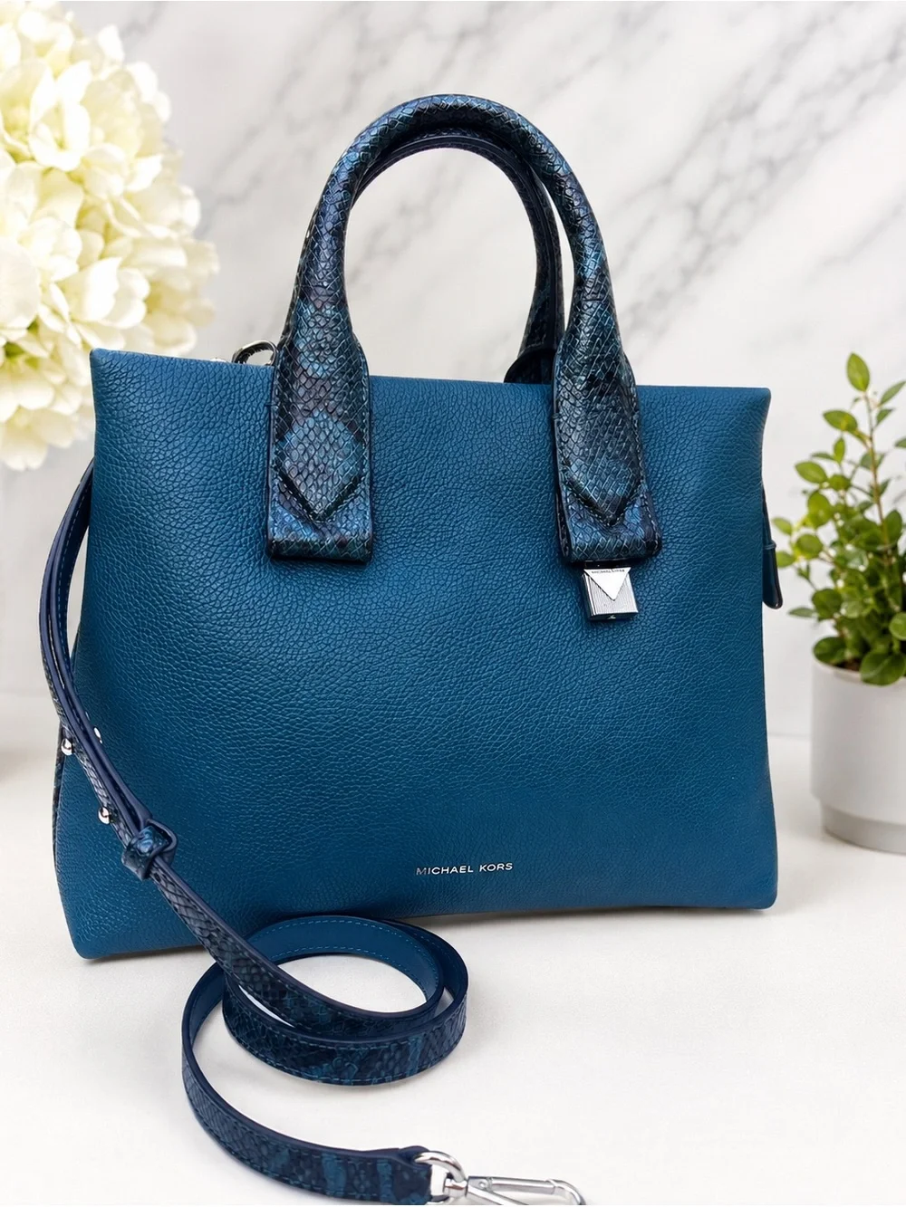 NWT Michael Kors Rollins Large Luxe Teal Leather Snakeskin Satchel